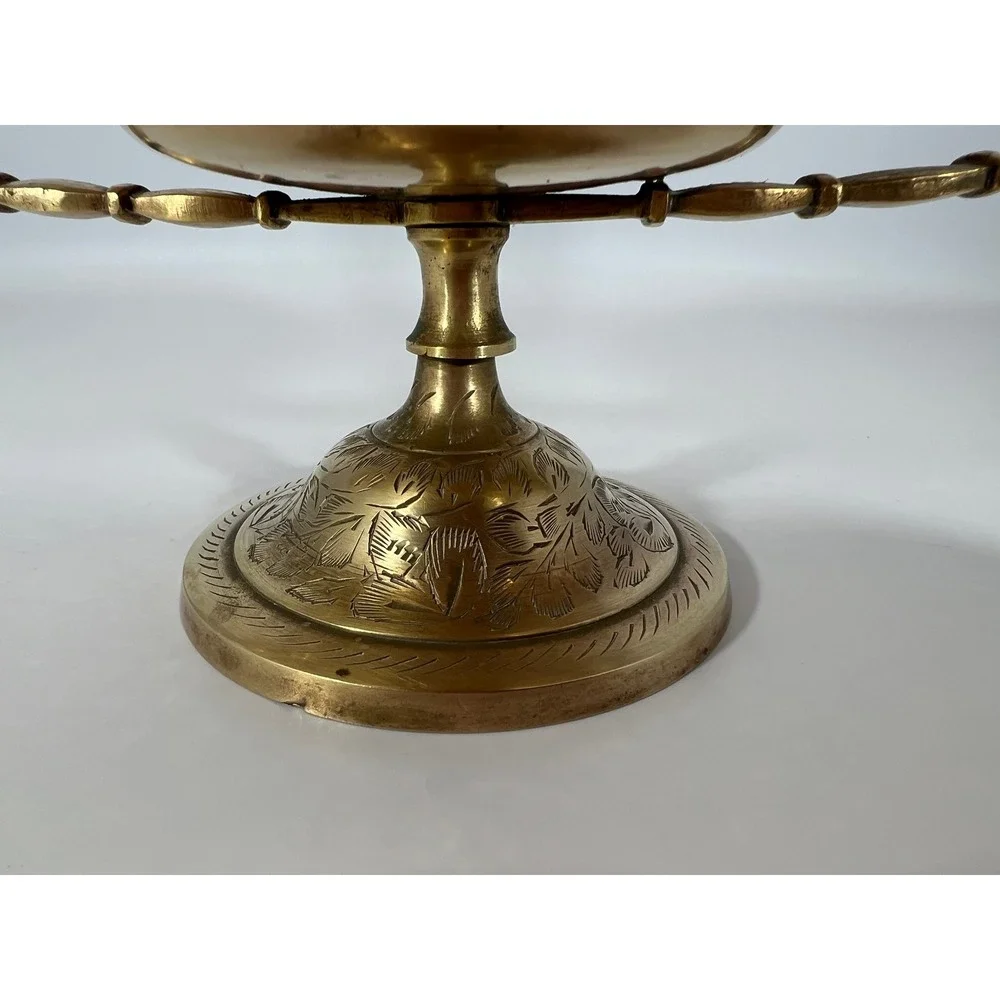 Vintage Etched Brass 3 Arm‎ Candelabra Centerpiece India 9.5 Inch